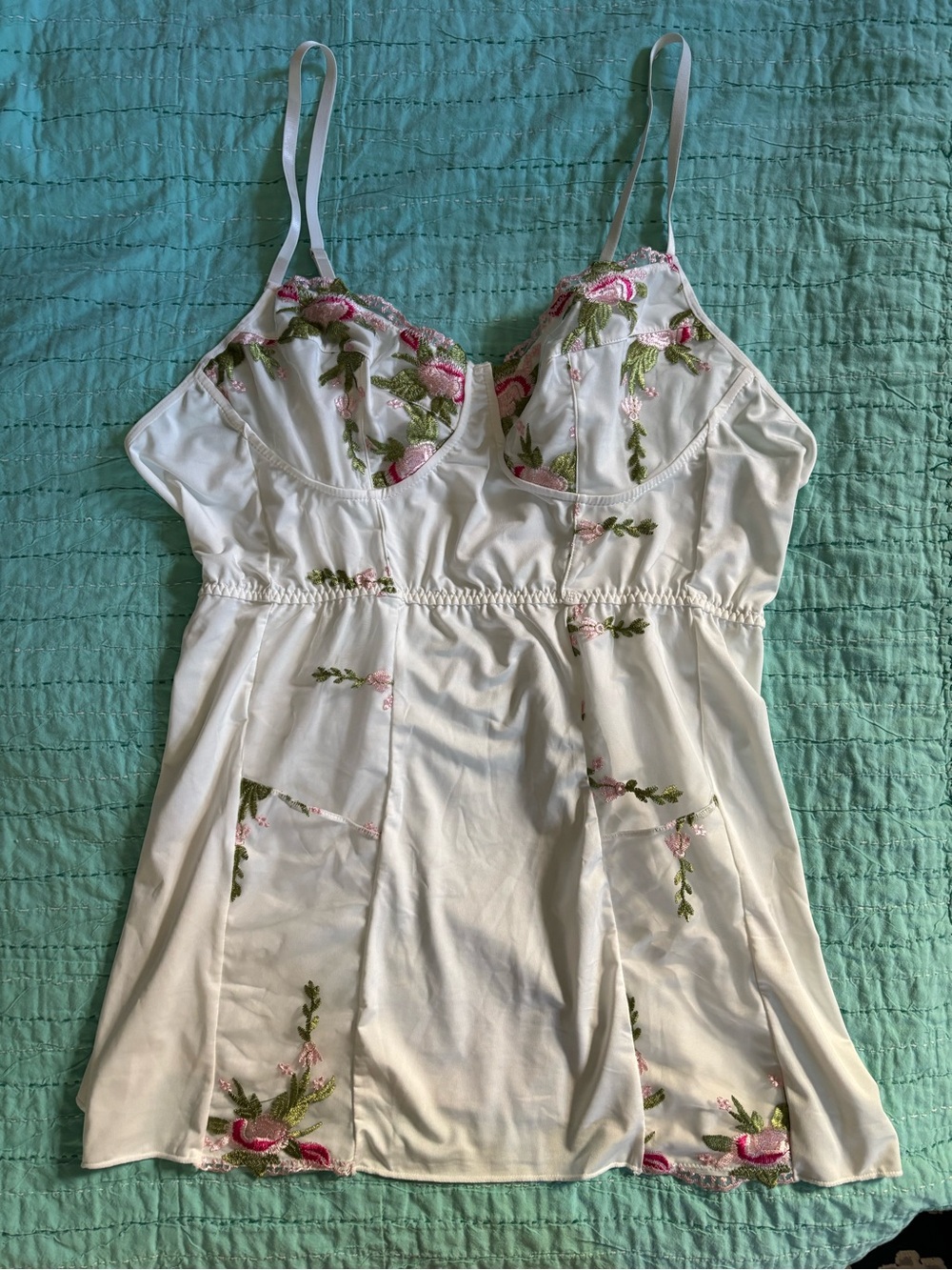 Women’s White Floral Embroidered Slip Mini Dress Lingerie Spaghetti Strap